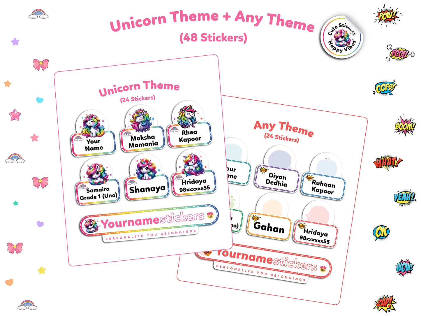 Personalize Name Stickers | 48 Waterproof Labels for Kids | 3 different sizes (S, M, L)