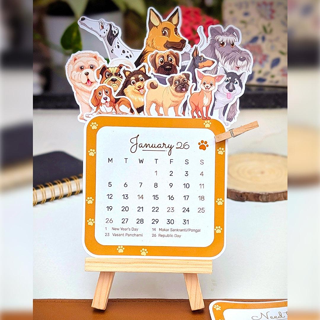 2026 Dog Desk Calendar | Illustrated Dogs, Wooden Easel & Erasable Marker