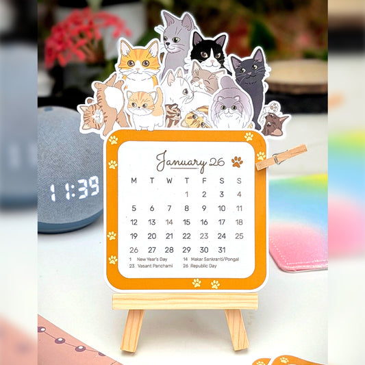 2026 Cat Desk Calendar | Illustrated Kittens, Wooden Easel & Erasable Marker