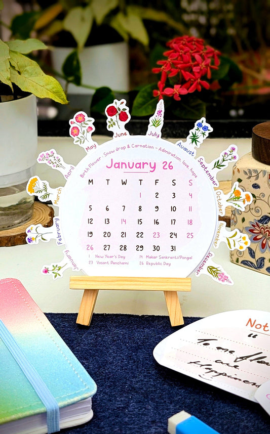 2026 Flower Desk Calendar | Illustrated Birth Flowers, Wooden Easel & Erasable Marker