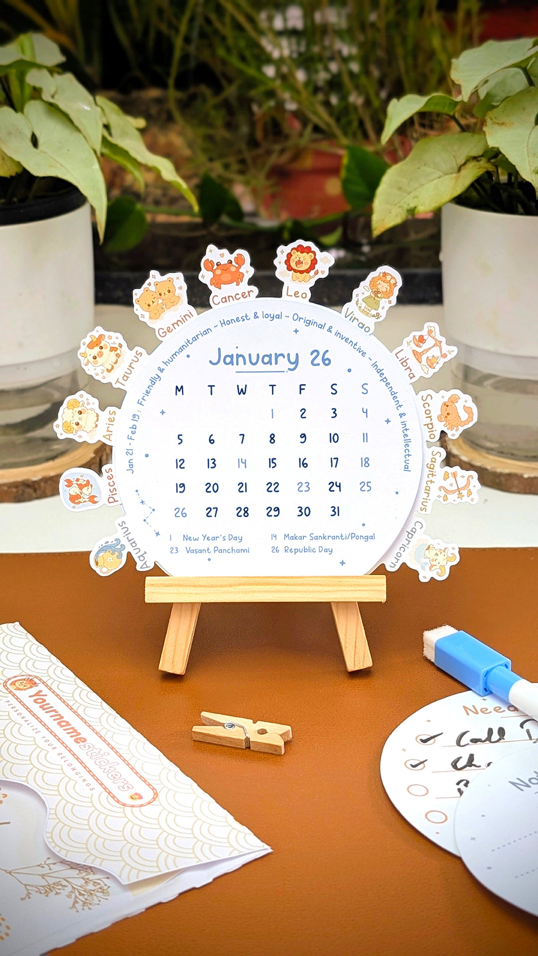 2026 Zodiac Desk Calendar | Illustrated Birth Signs, Wooden Easel & Erasable Marker