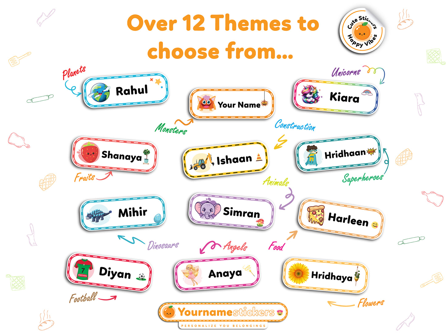 Personalize Name Stickers | 96 Waterproof Labels for Kids | 3 different sizes (S, M, L)