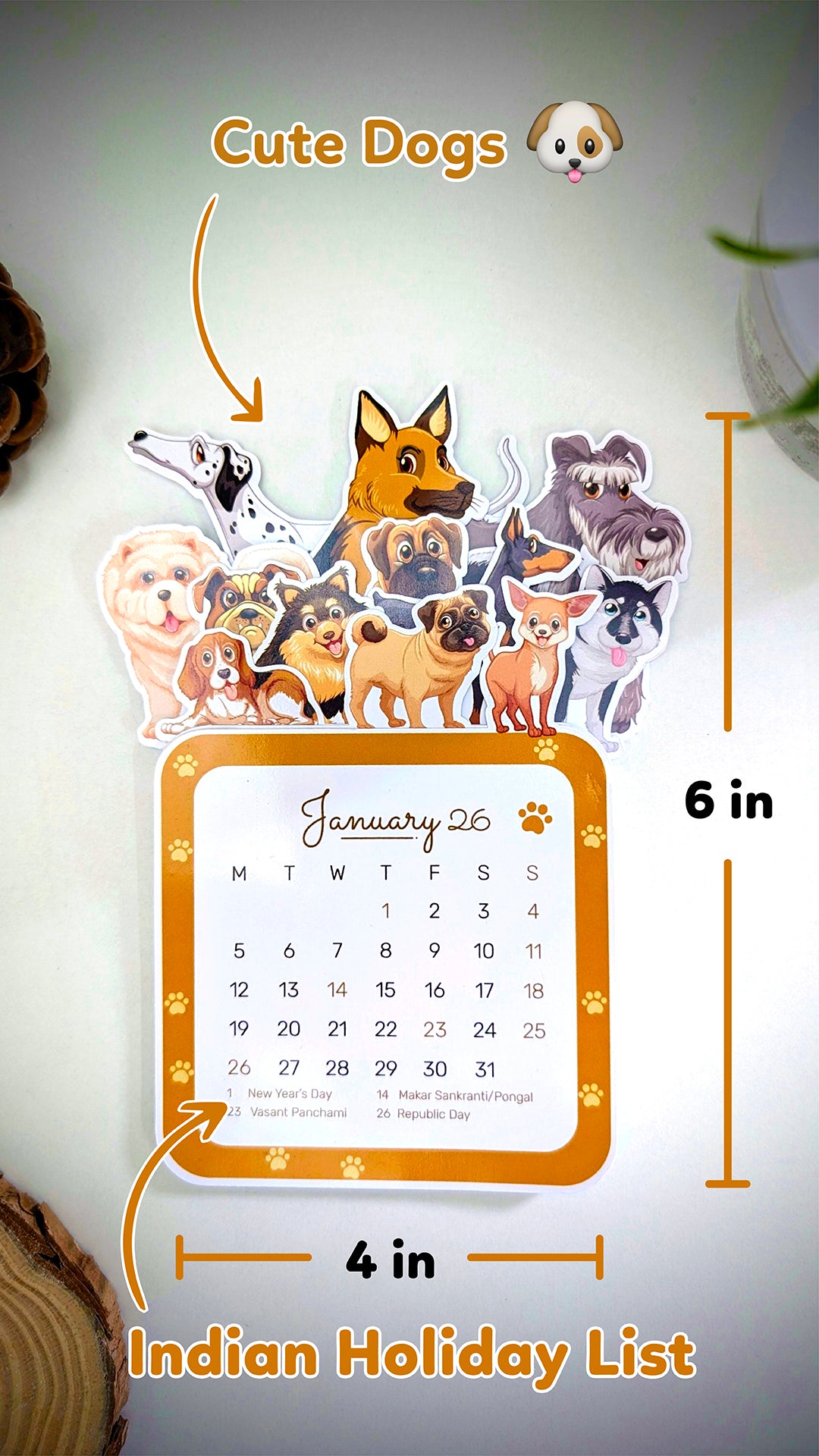 2026 Dog Desk Calendar | Illustrated Dogs, Wooden Easel & Erasable Marker