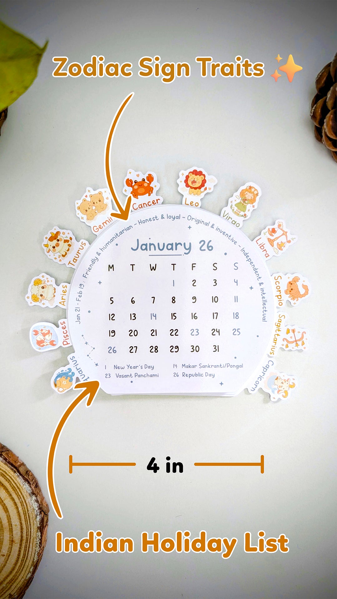 2026 Zodiac Desk Calendar | Illustrated Birth Signs, Wooden Easel & Erasable Marker