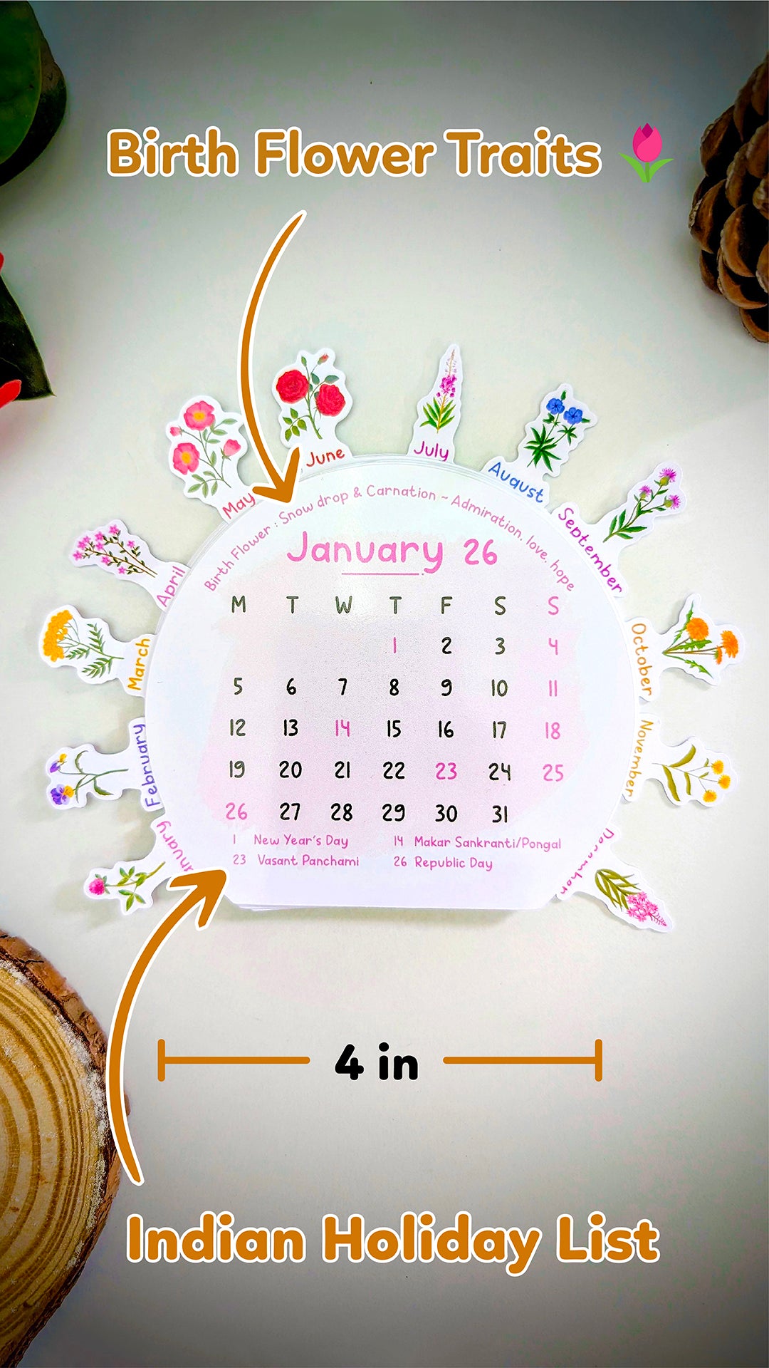 2026 Flower Desk Calendar | Illustrated Birth Flowers, Wooden Easel & Erasable Marker