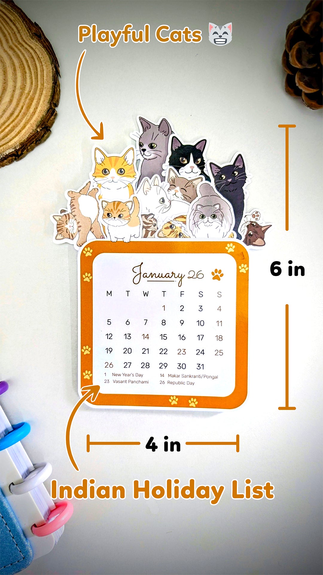 2026 Cat Desk Calendar | Illustrated Kittens, Wooden Easel & Erasable Marker