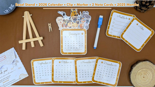 2026 Dog Desk Calendar | Illustrated Dogs, Wooden Easel & Erasable Marker