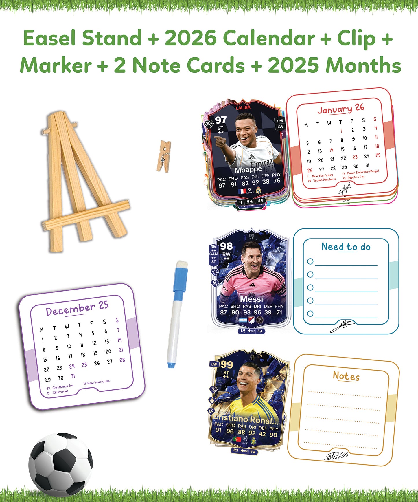 2026 Football Desk Calendar | Famous footballers, Wooden Easel & Erasable Marker
