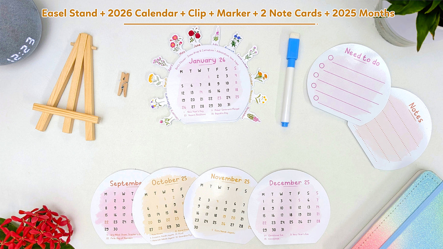 2026 Flower Desk Calendar | Illustrated Birth Flowers, Wooden Easel & Erasable Marker
