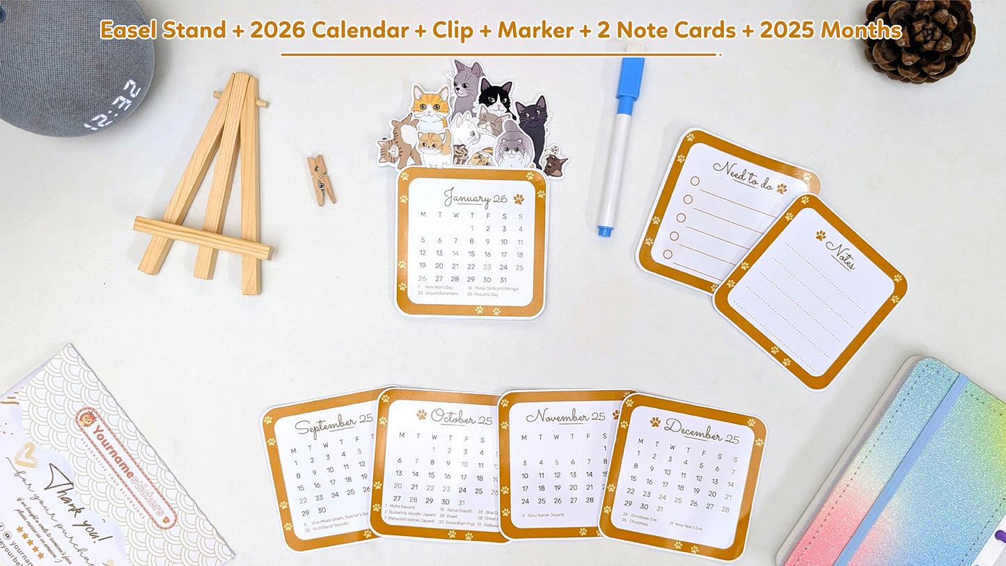 2026 Cat Desk Calendar | Illustrated Kittens, Wooden Easel & Erasable Marker