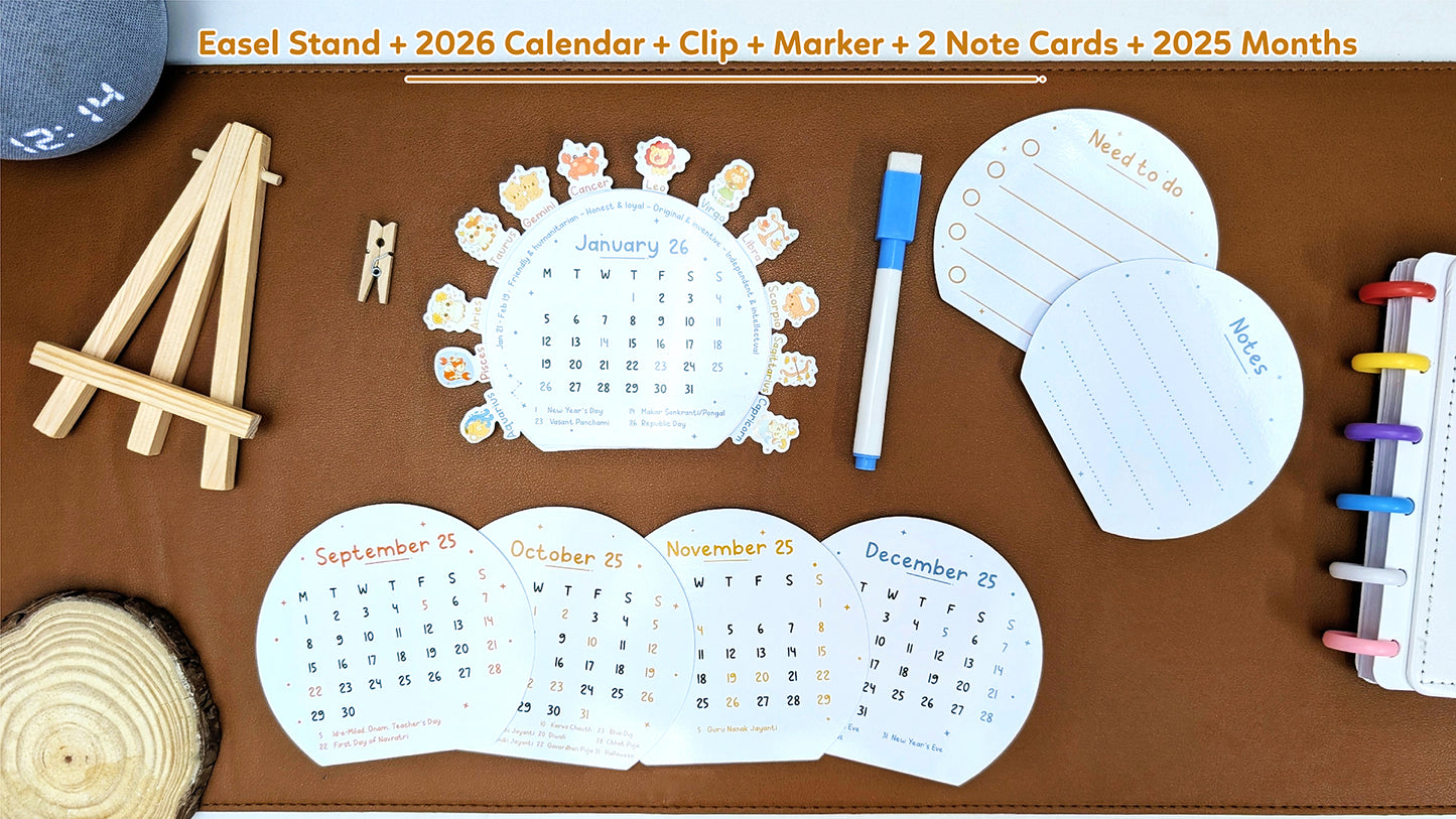 2026 Zodiac Desk Calendar | Illustrated Birth Signs, Wooden Easel & Erasable Marker