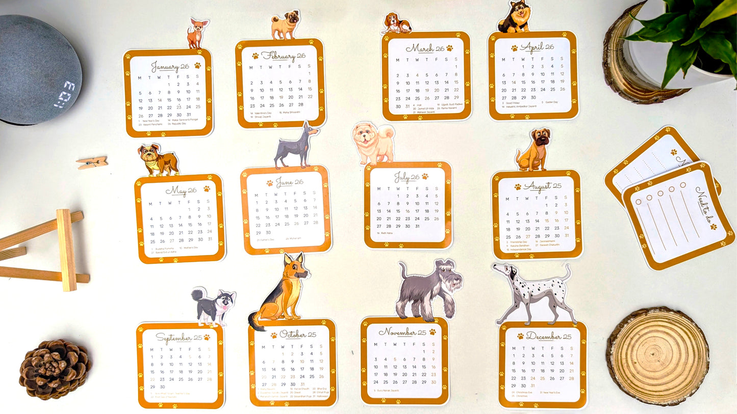 2026 Dog Desk Calendar | Illustrated Dogs, Wooden Easel & Erasable Marker