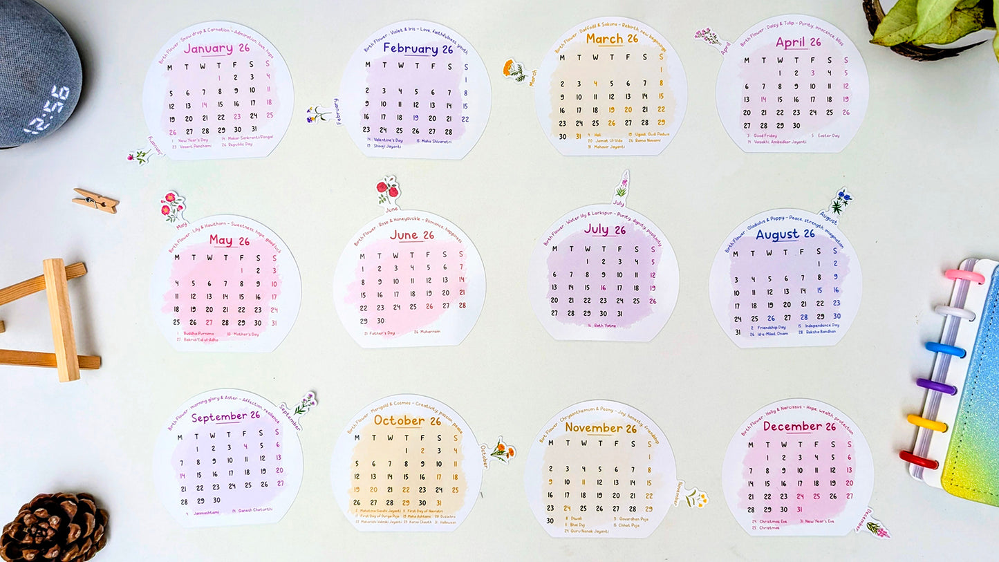 2026 Flower Desk Calendar | Illustrated Birth Flowers, Wooden Easel & Erasable Marker