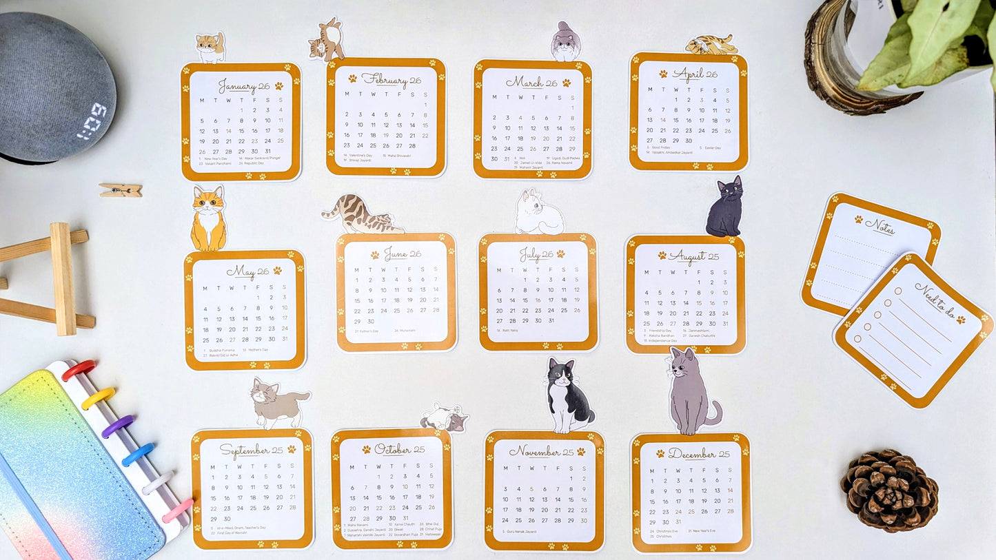 2026 Cat Desk Calendar | Illustrated Kittens, Wooden Easel & Erasable Marker