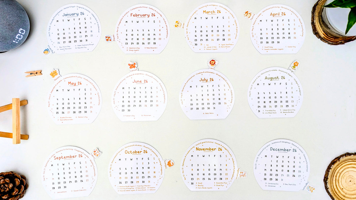 2026 Zodiac Desk Calendar | Illustrated Birth Signs, Wooden Easel & Erasable Marker