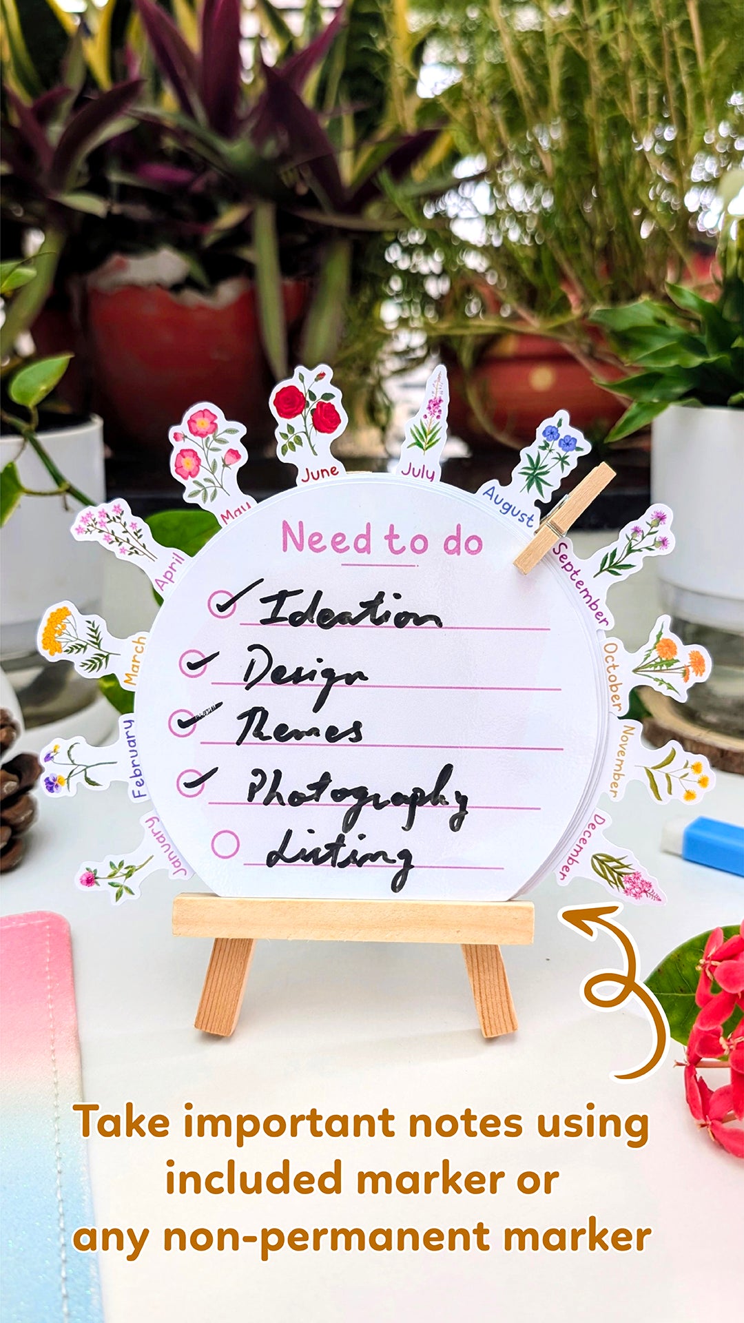 2026 Flower Desk Calendar | Illustrated Birth Flowers, Wooden Easel & Erasable Marker