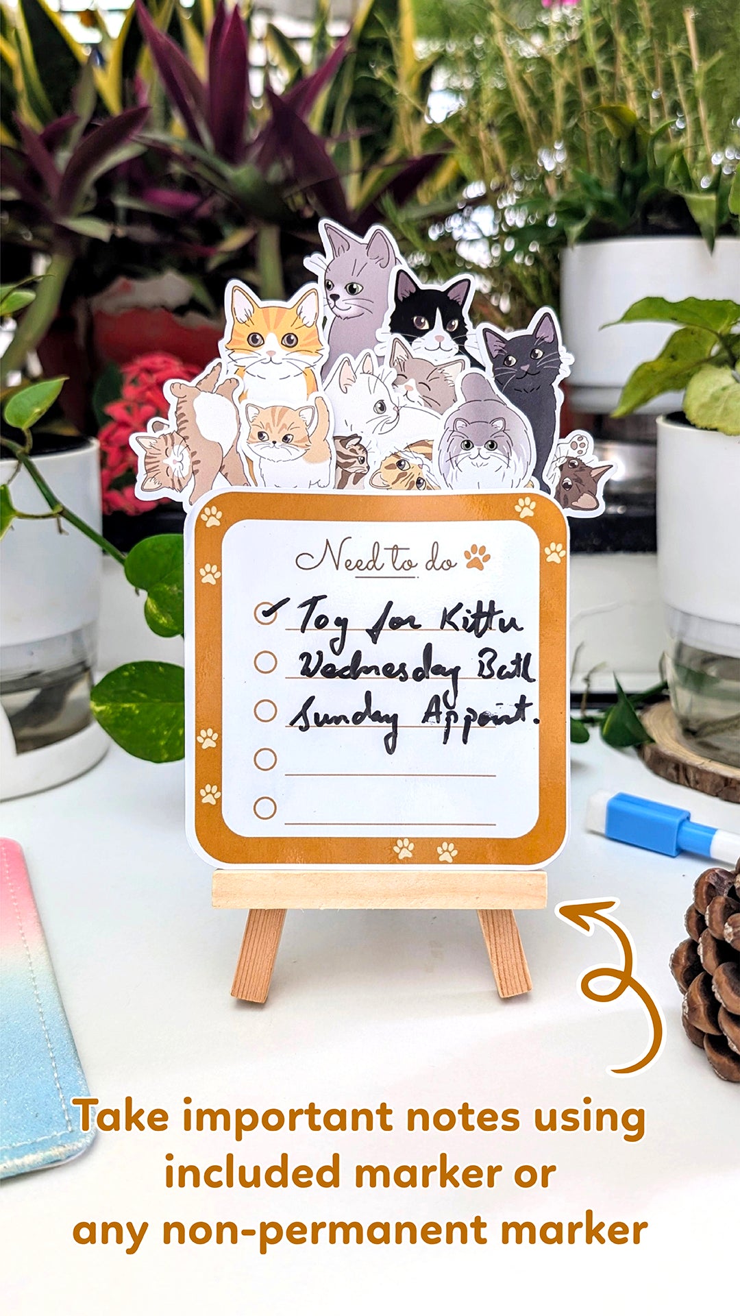 2026 Cat Desk Calendar | Illustrated Kittens, Wooden Easel & Erasable Marker