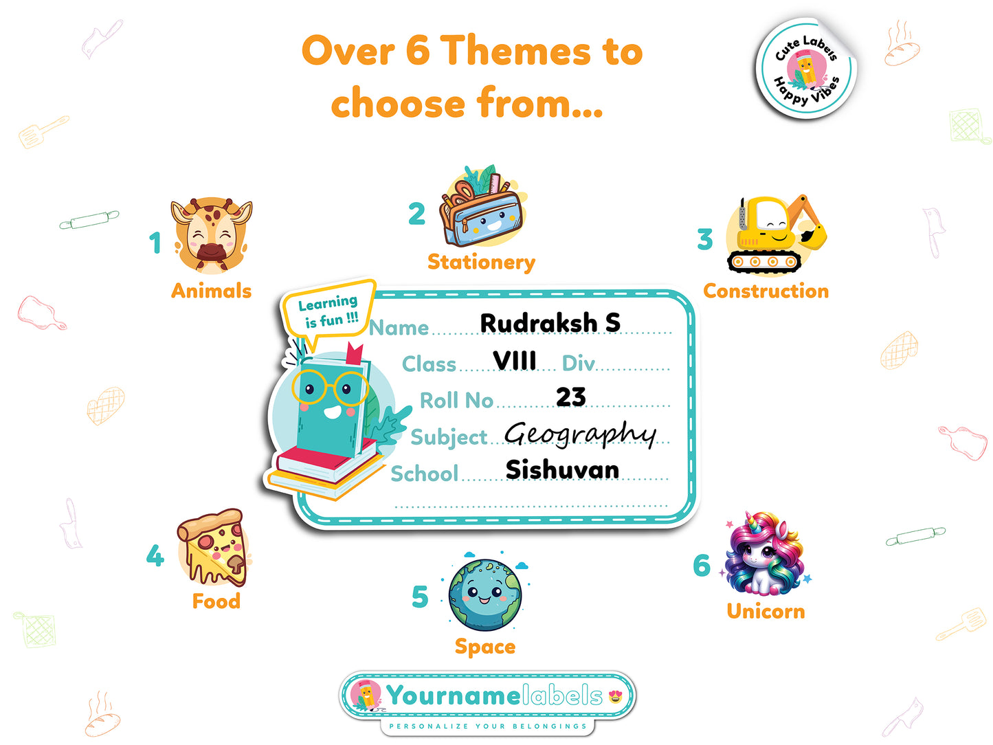 Personalized School Name Labels | Waterproof Designs (18 Pcs, Marker Included)