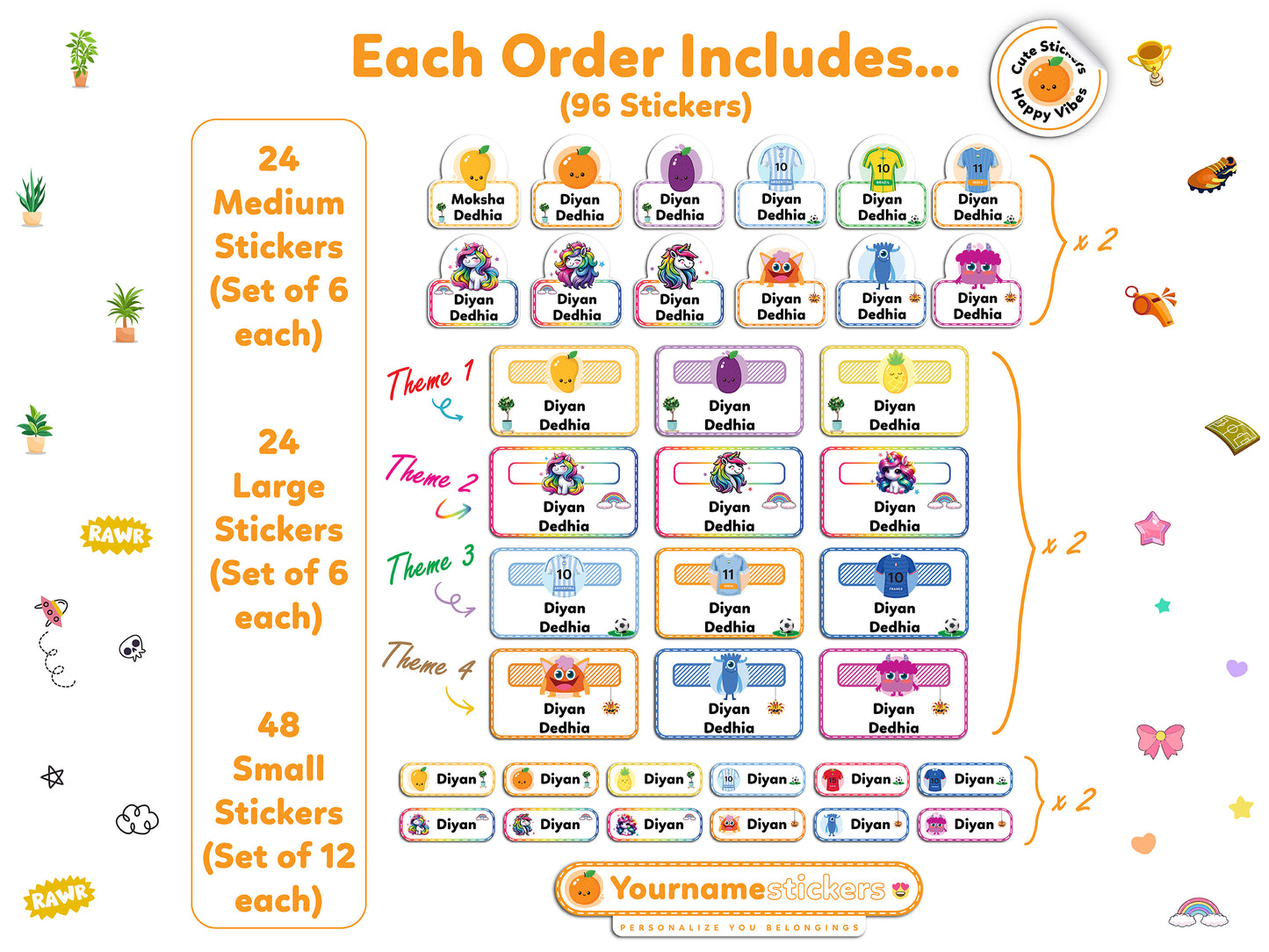 Personalize Name Stickers | 96 Waterproof Labels for Kids | 3 different sizes (S, M, L)