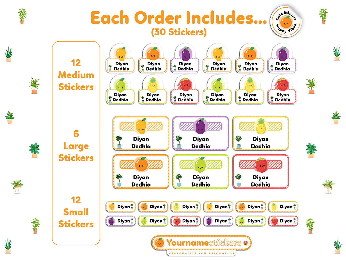 Personalized Name Stickers | 30 Waterproof Labels for Kids | 3 different sizes (S, M, L)