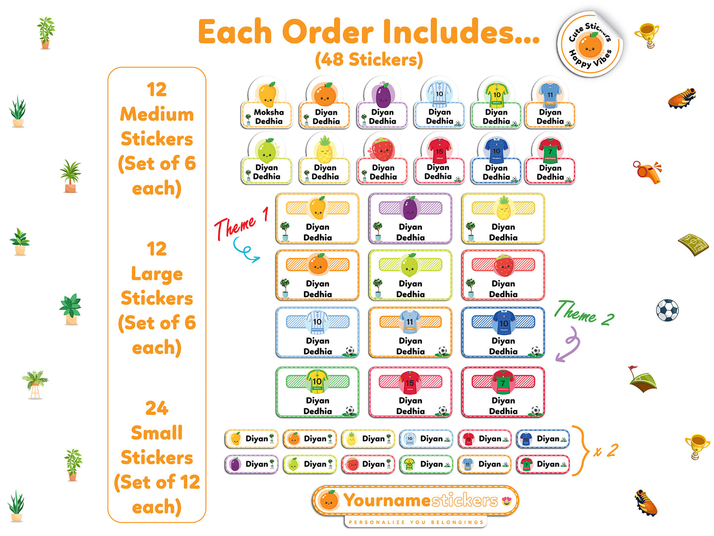 Personalize Name Stickers | 48 Waterproof Labels for Kids | 3 different sizes (S, M, L)