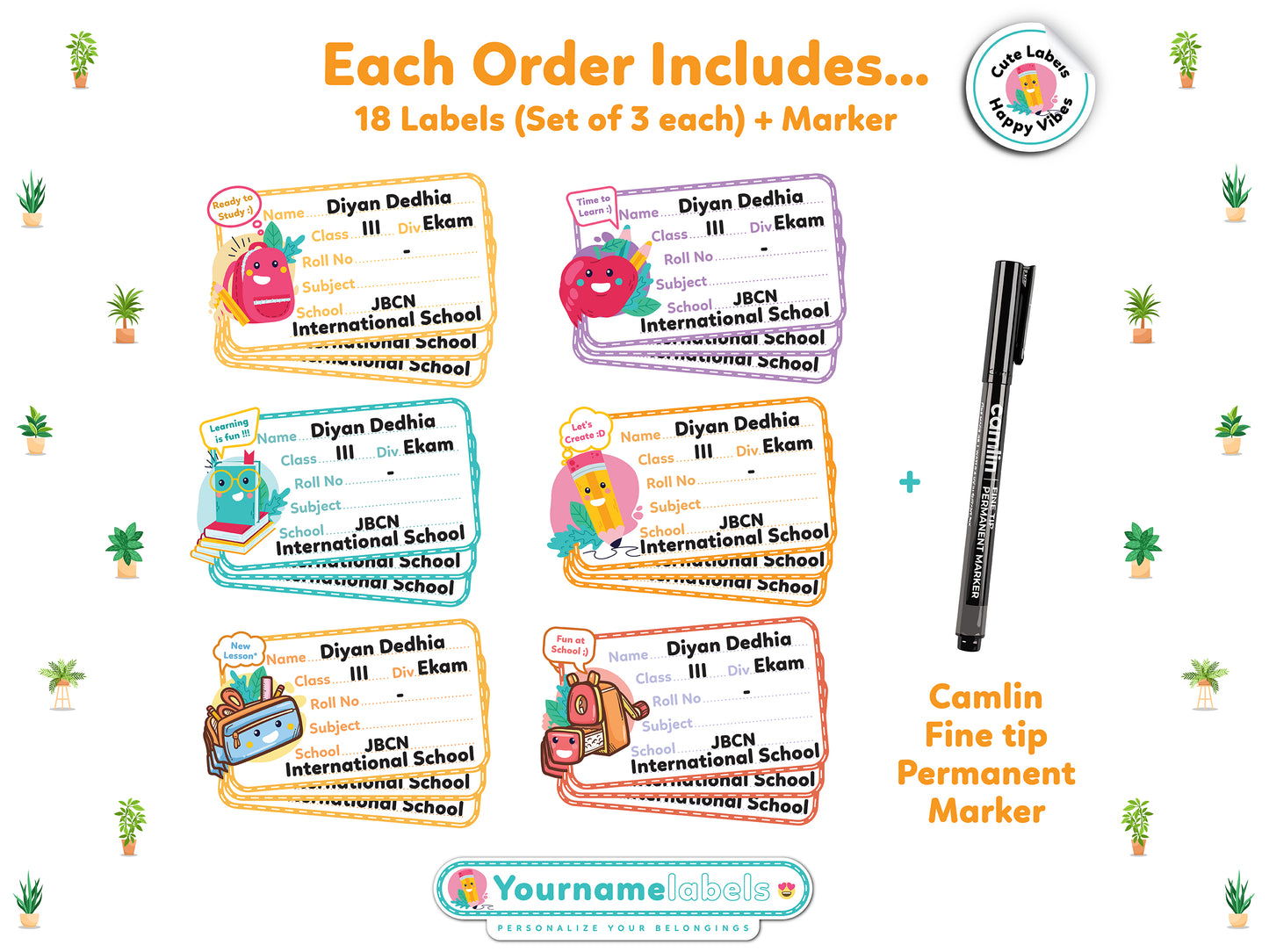 Personalized School Name Labels | Waterproof Designs (18 Pcs, Marker Included)