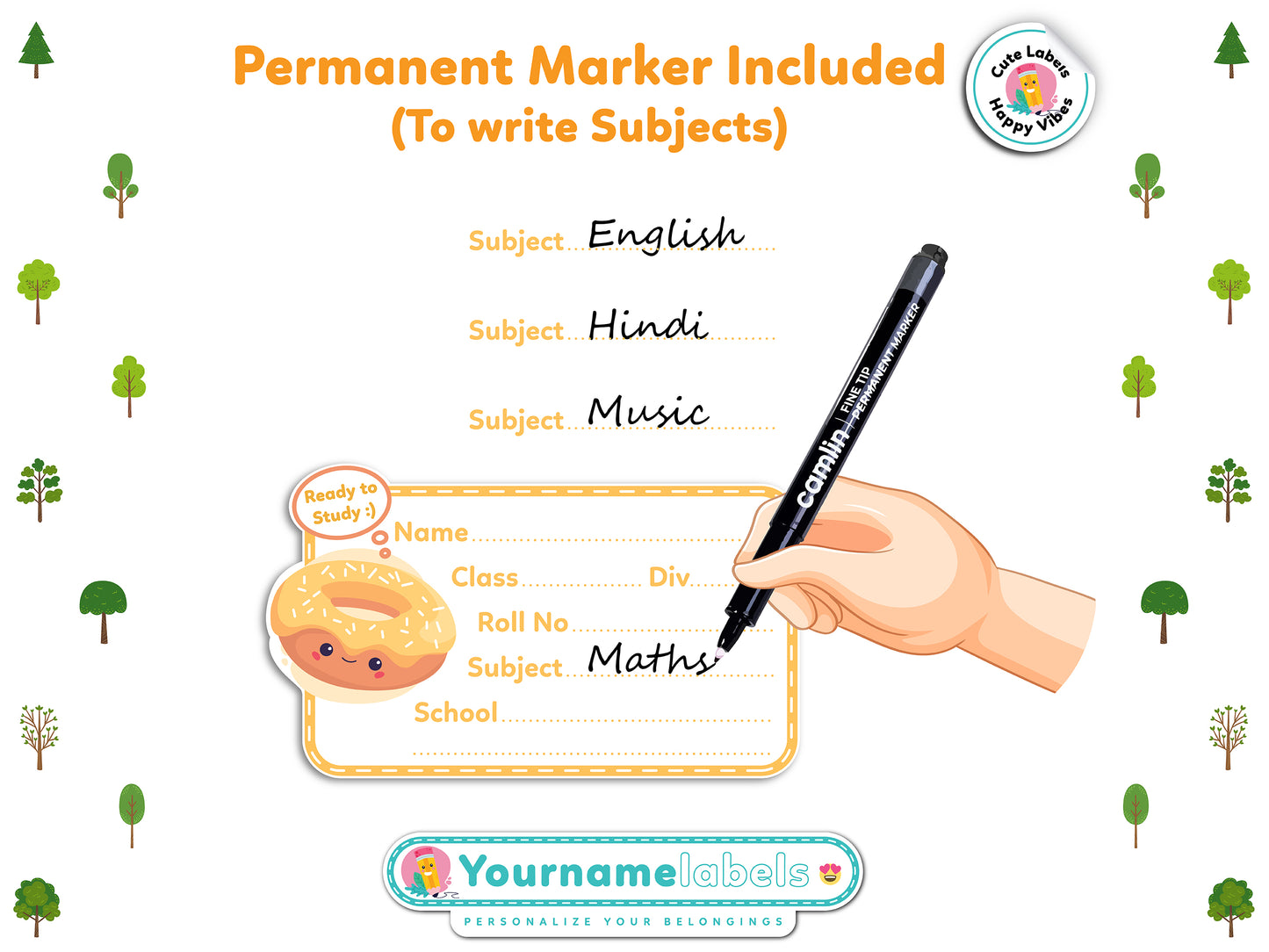 Personalized School Name Labels | Waterproof Designs (18 Pcs, Marker Included)