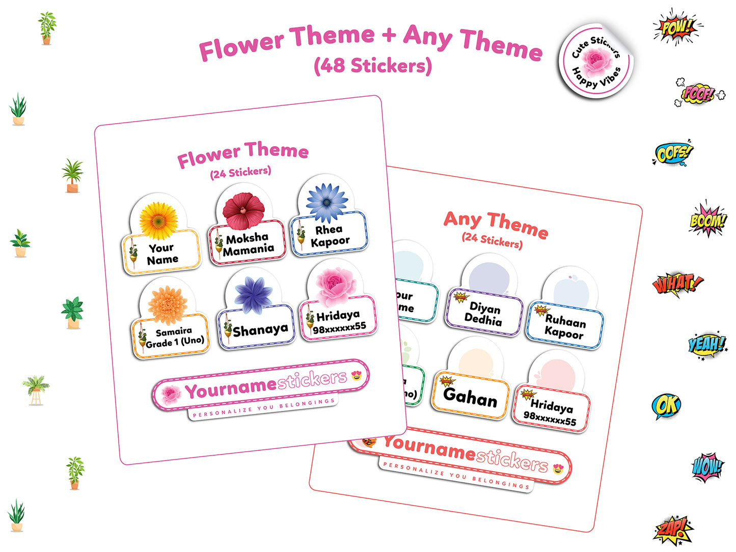 Personalize Name Stickers | 48 Waterproof Labels for Kids | 3 different sizes (S, M, L)