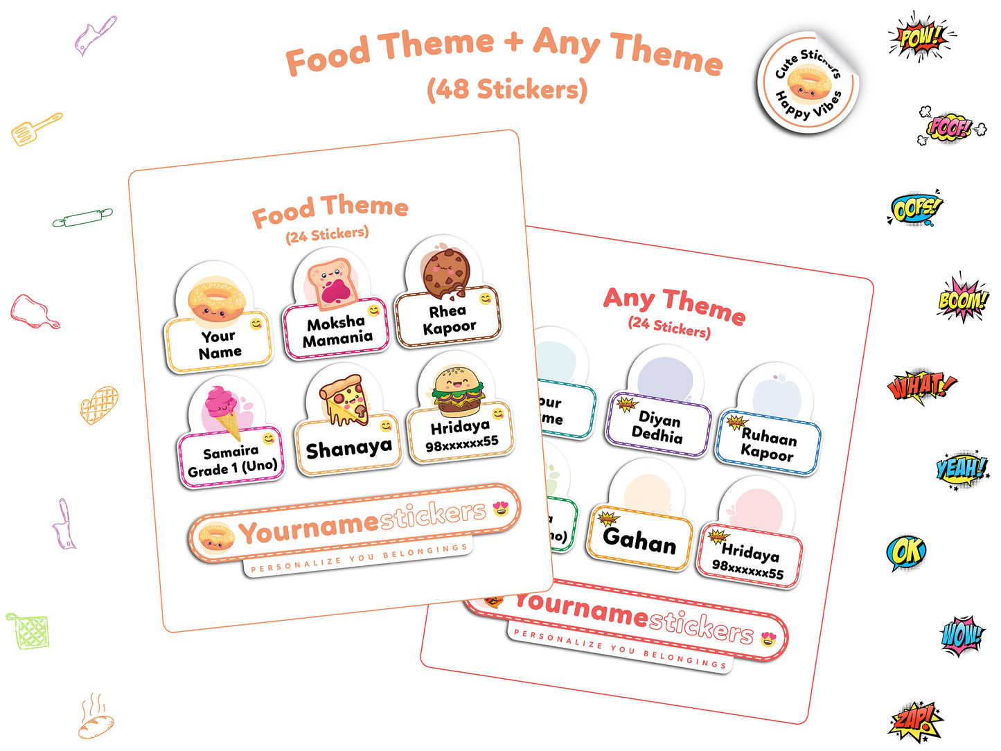 Personalize Name Stickers | 48 Waterproof Labels for Kids | 3 different sizes (S, M, L)