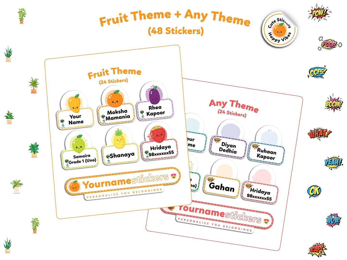 Personalize Name Stickers | 48 Waterproof Labels for Kids | 3 different sizes (S, M, L)