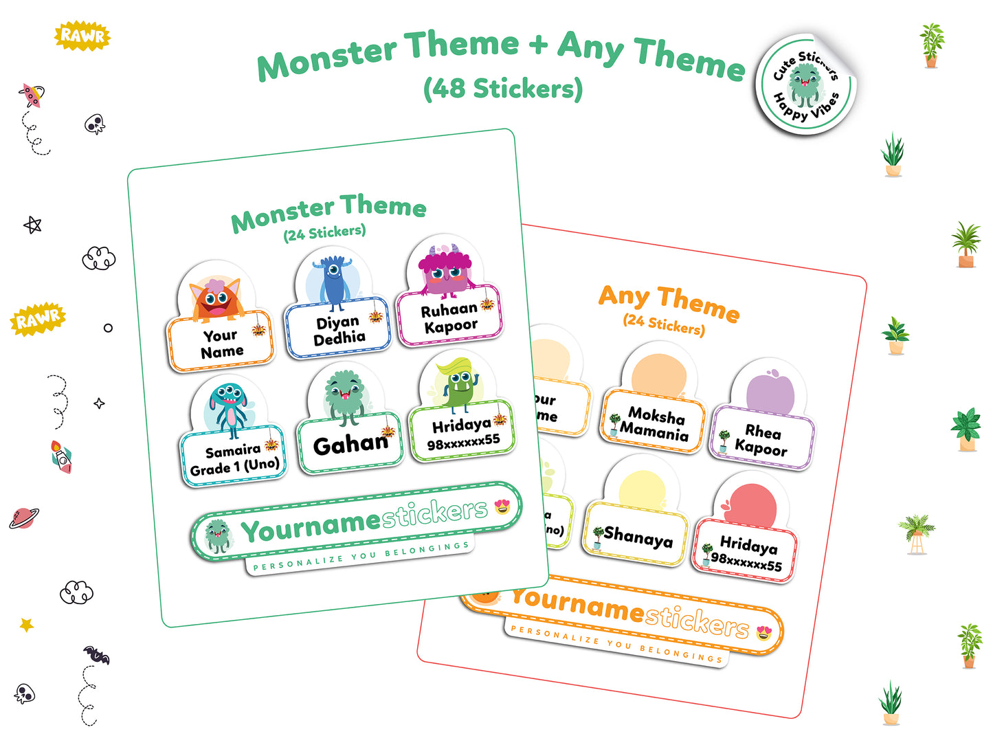 Personalize Name Stickers | 48 Waterproof Labels for Kids | 3 different sizes (S, M, L)