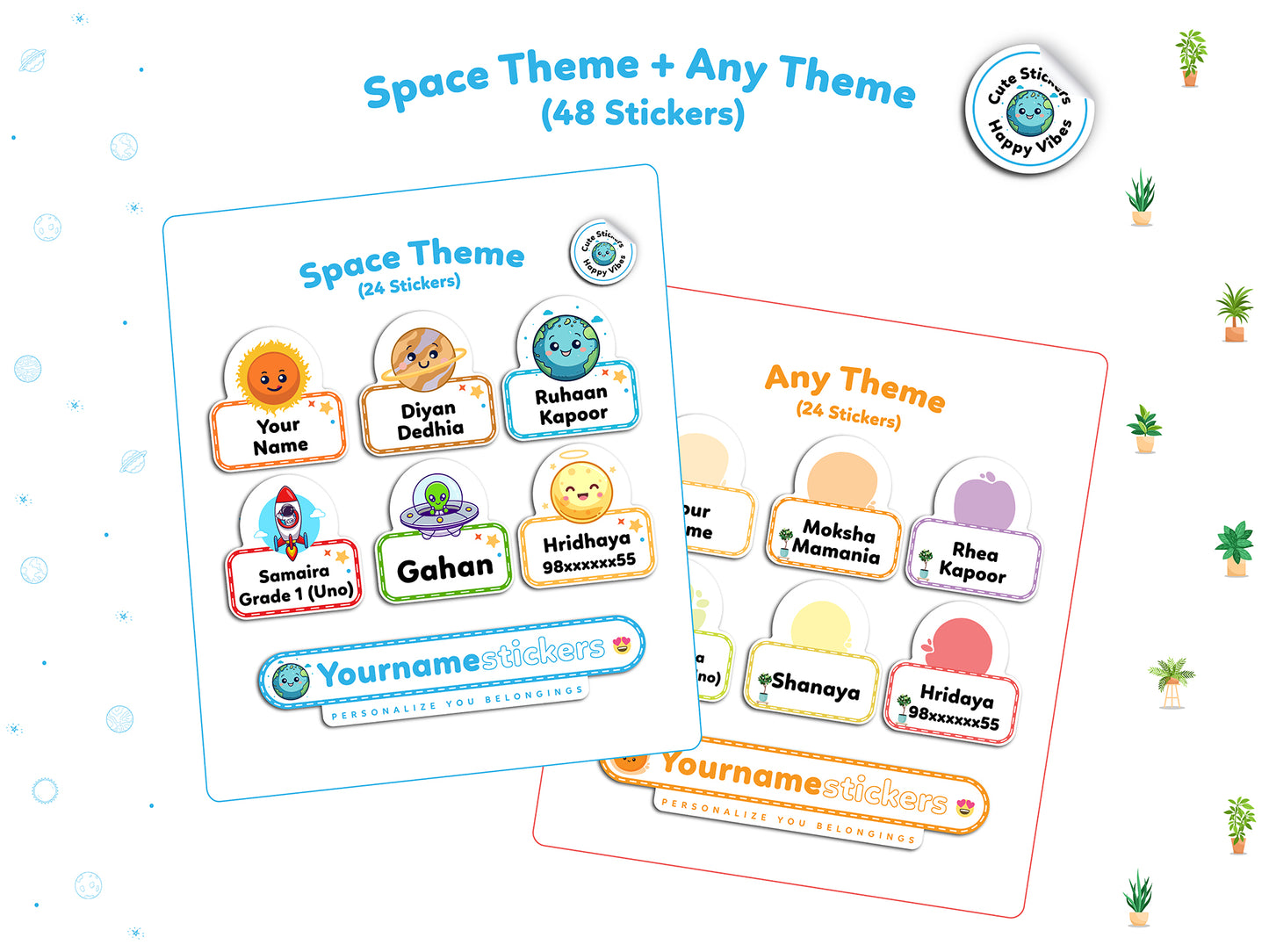 Personalize Name Stickers | 48 Waterproof Labels for Kids | 3 different sizes (S, M, L)