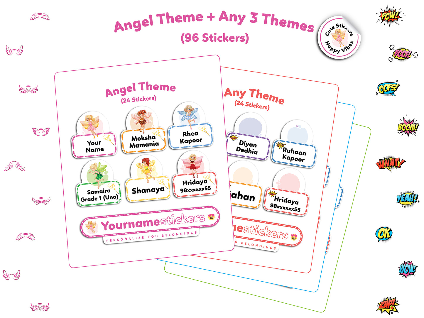 Personalize Name Stickers | 96 Waterproof Labels for Kids | 3 different sizes (S, M, L)