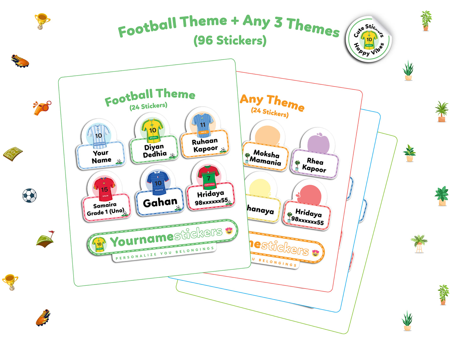 Personalize Name Stickers | 96 Waterproof Labels for Kids | 3 different sizes (S, M, L)