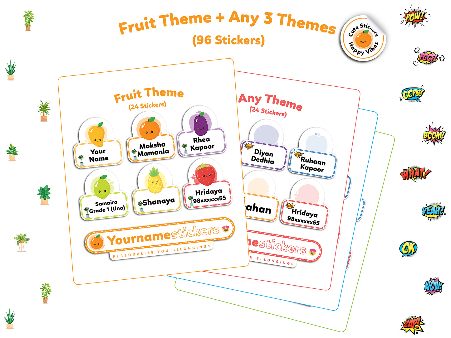 Personalize Name Stickers | 96 Waterproof Labels for Kids | 3 different sizes (S, M, L)