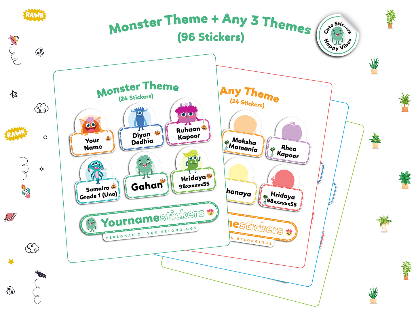 Personalize Name Stickers | 96 Waterproof Labels for Kids | 3 different sizes (S, M, L)