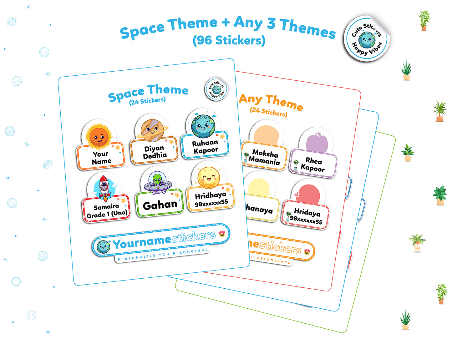 Personalize Name Stickers | 96 Waterproof Labels for Kids | 3 different sizes (S, M, L)