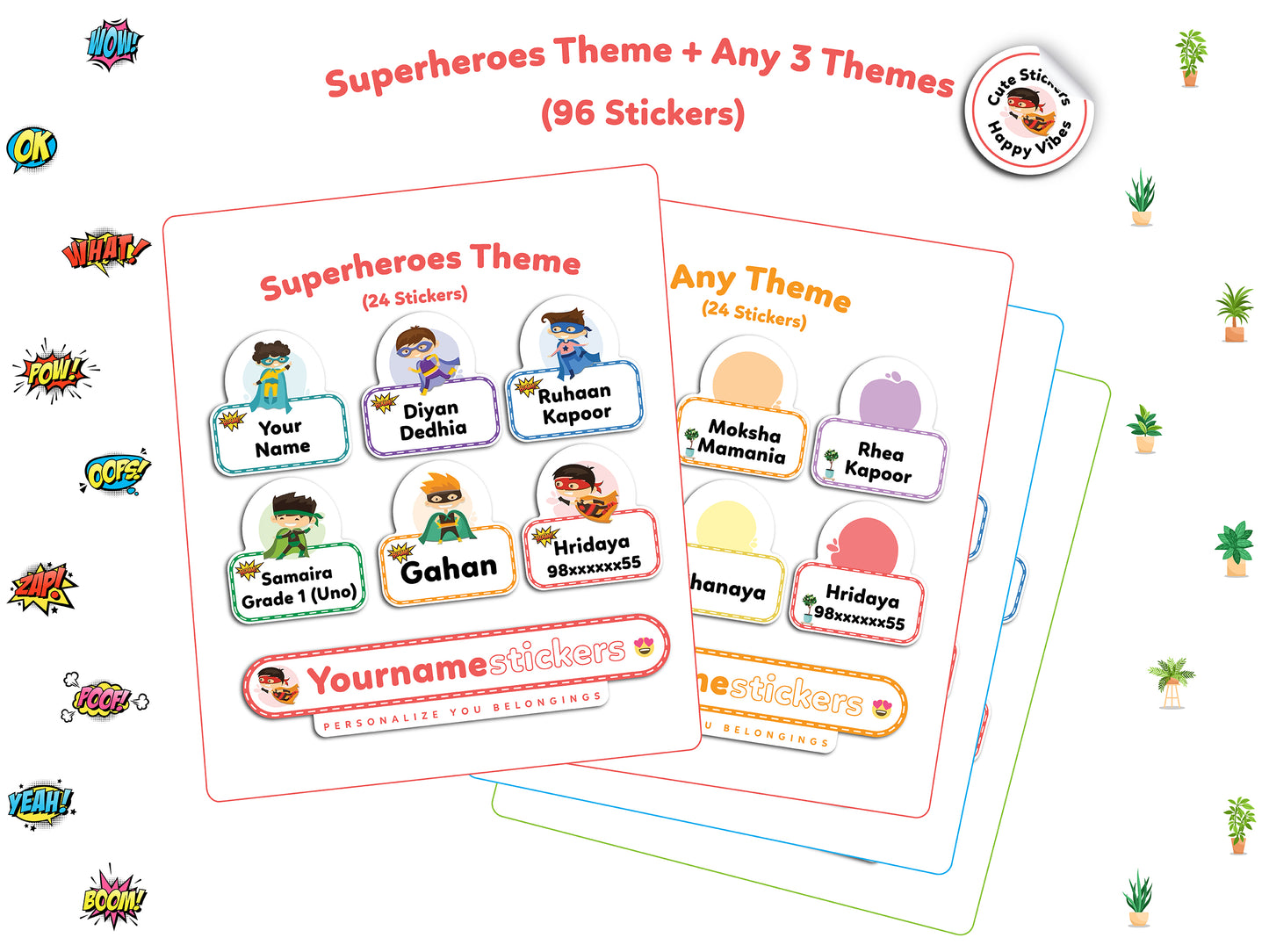 Personalize Name Stickers | 96 Waterproof Labels for Kids | 3 different sizes (S, M, L)