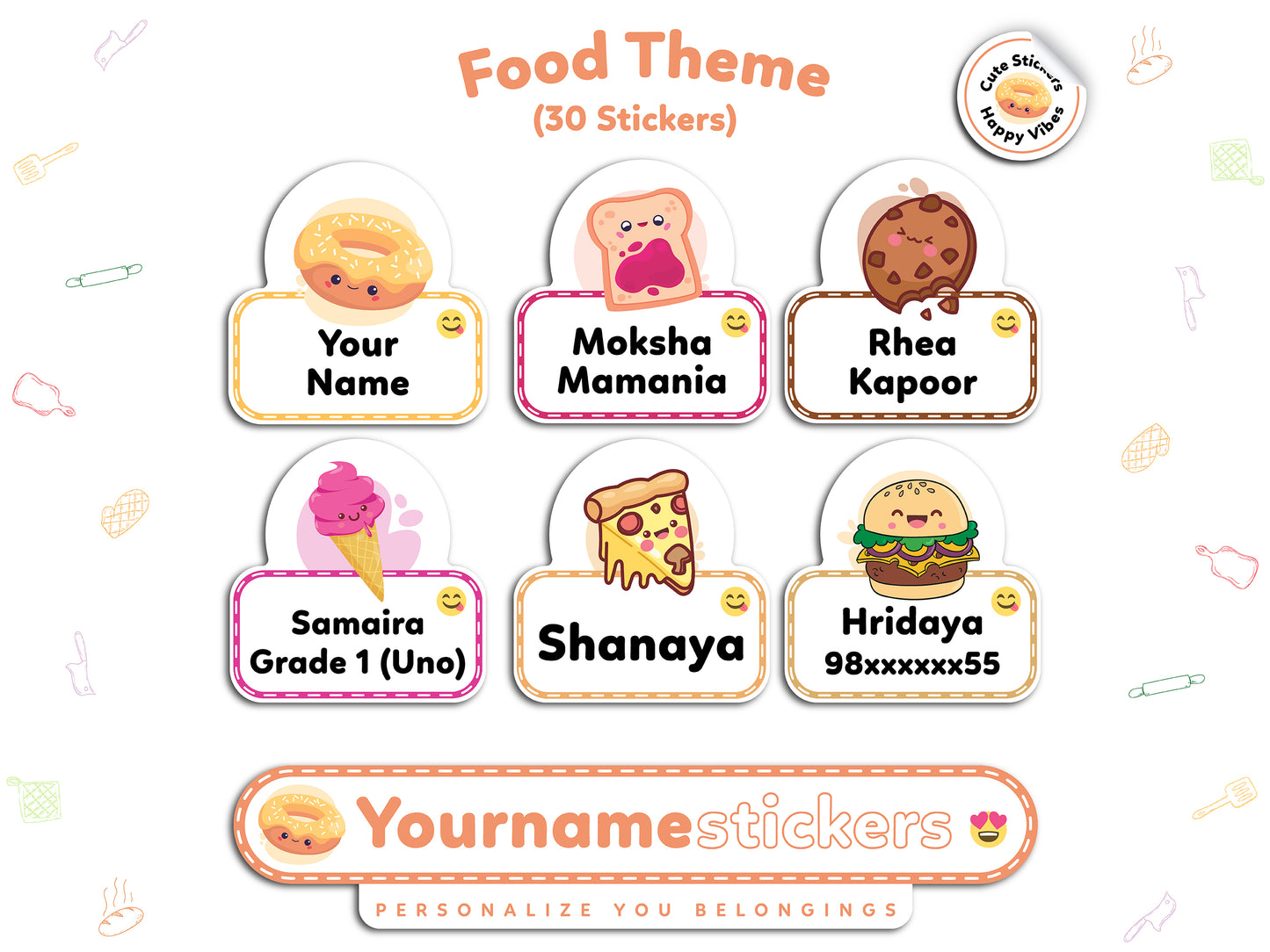 Personalized Name Stickers | 30 Waterproof Labels for Kids | 3 different sizes (S, M, L)