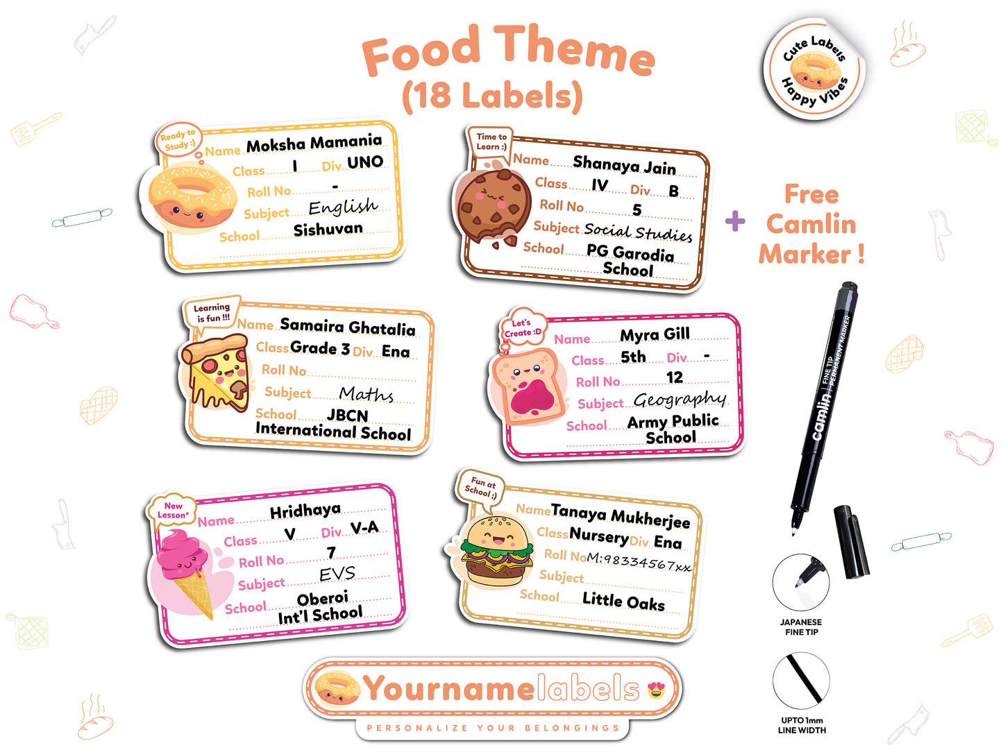 Personalized School Name Labels | Waterproof Designs (18 Pcs, Marker Included)