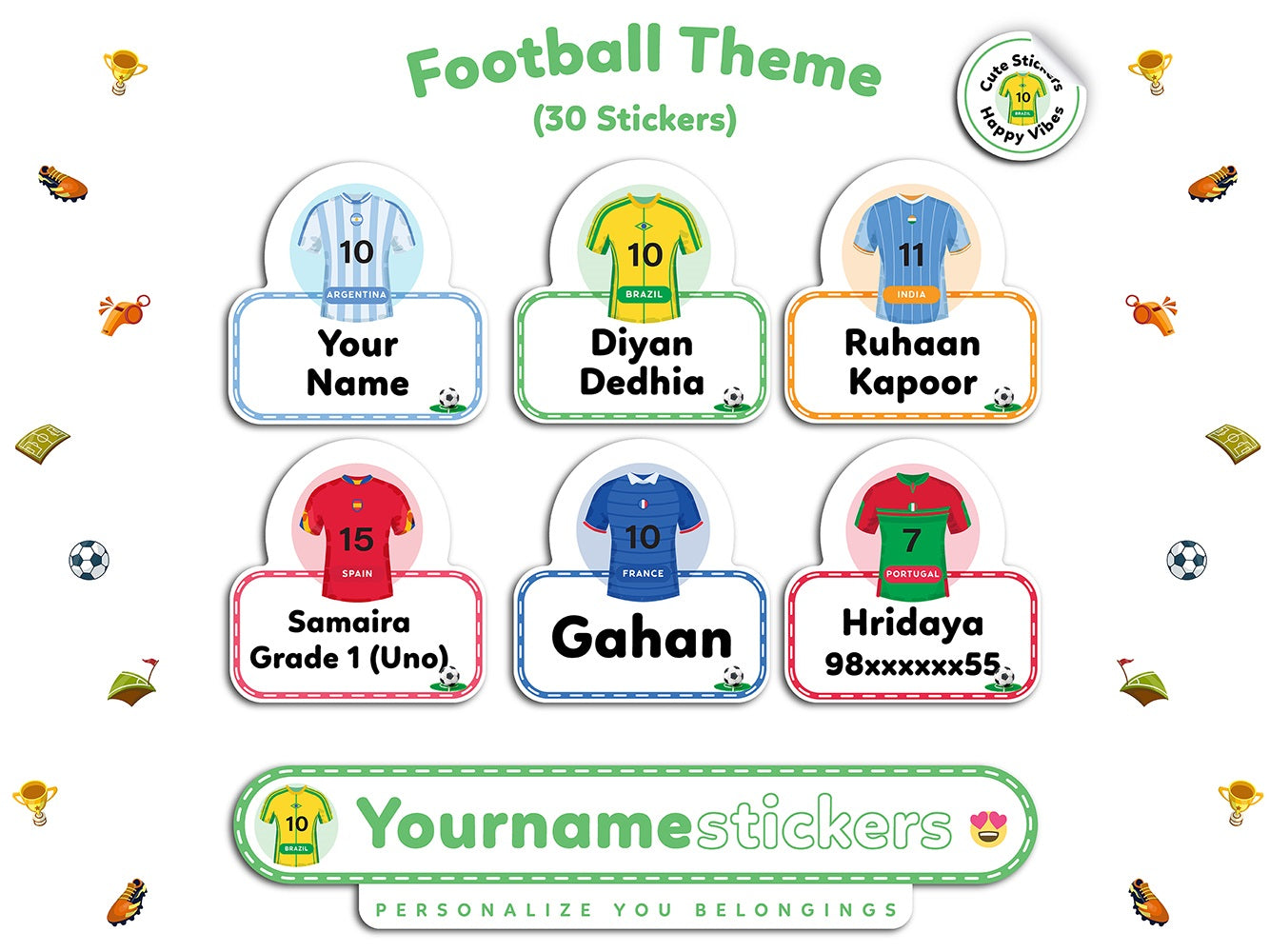 Personalized Name Stickers | 30 Waterproof Labels for Kids | 3 different sizes (S, M, L)