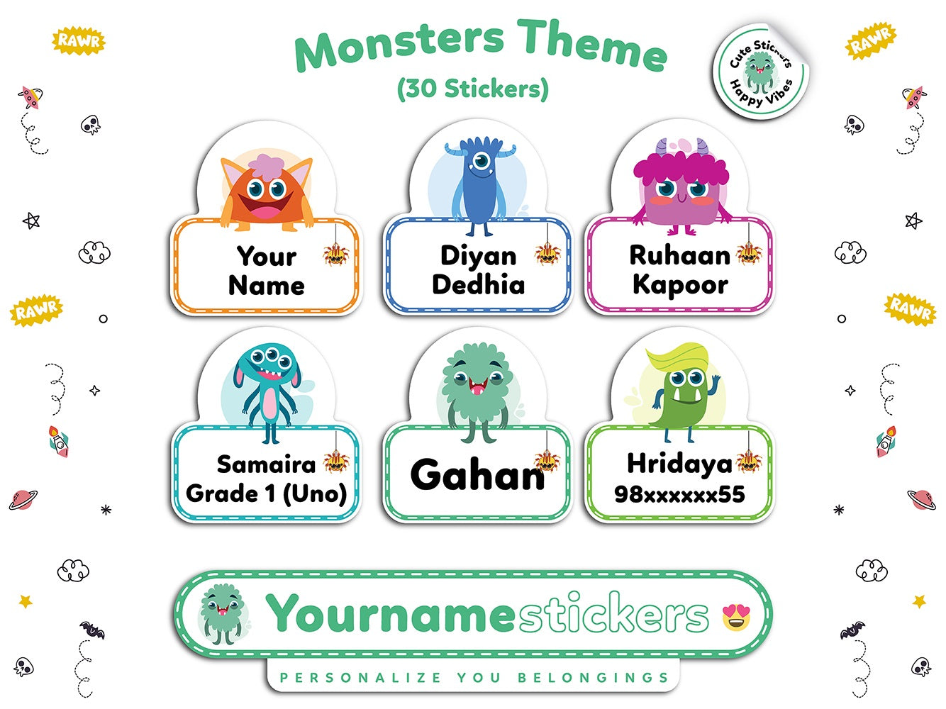 Personalized Name Stickers | 30 Waterproof Labels for Kids | 3 different sizes (S, M, L)