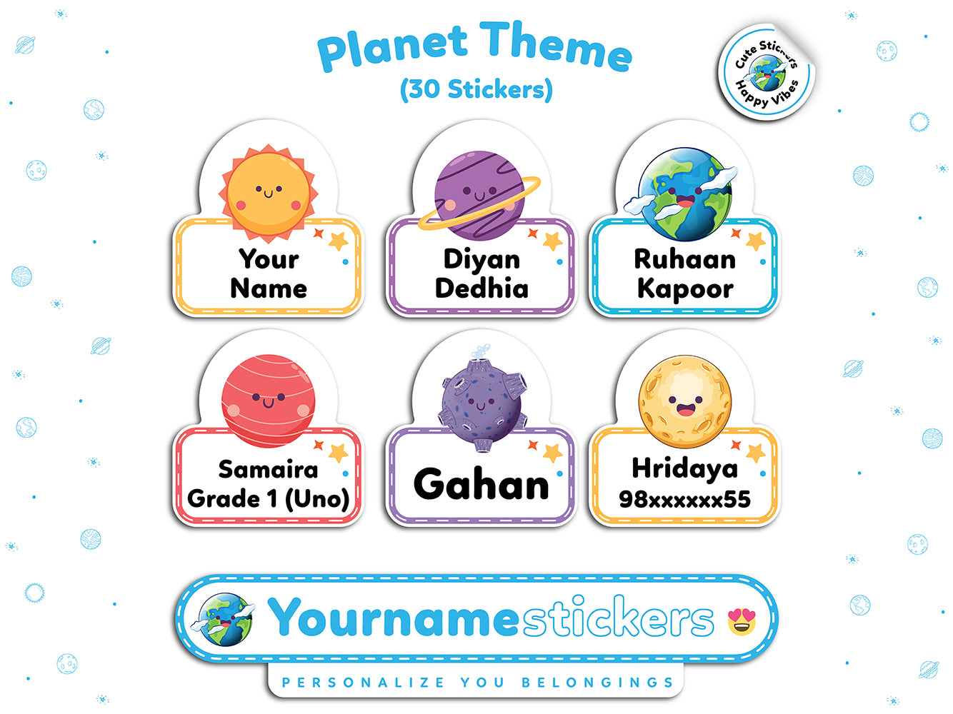 Personalized Name Stickers | 30 Waterproof Labels for Kids | 3 different sizes (S, M, L)