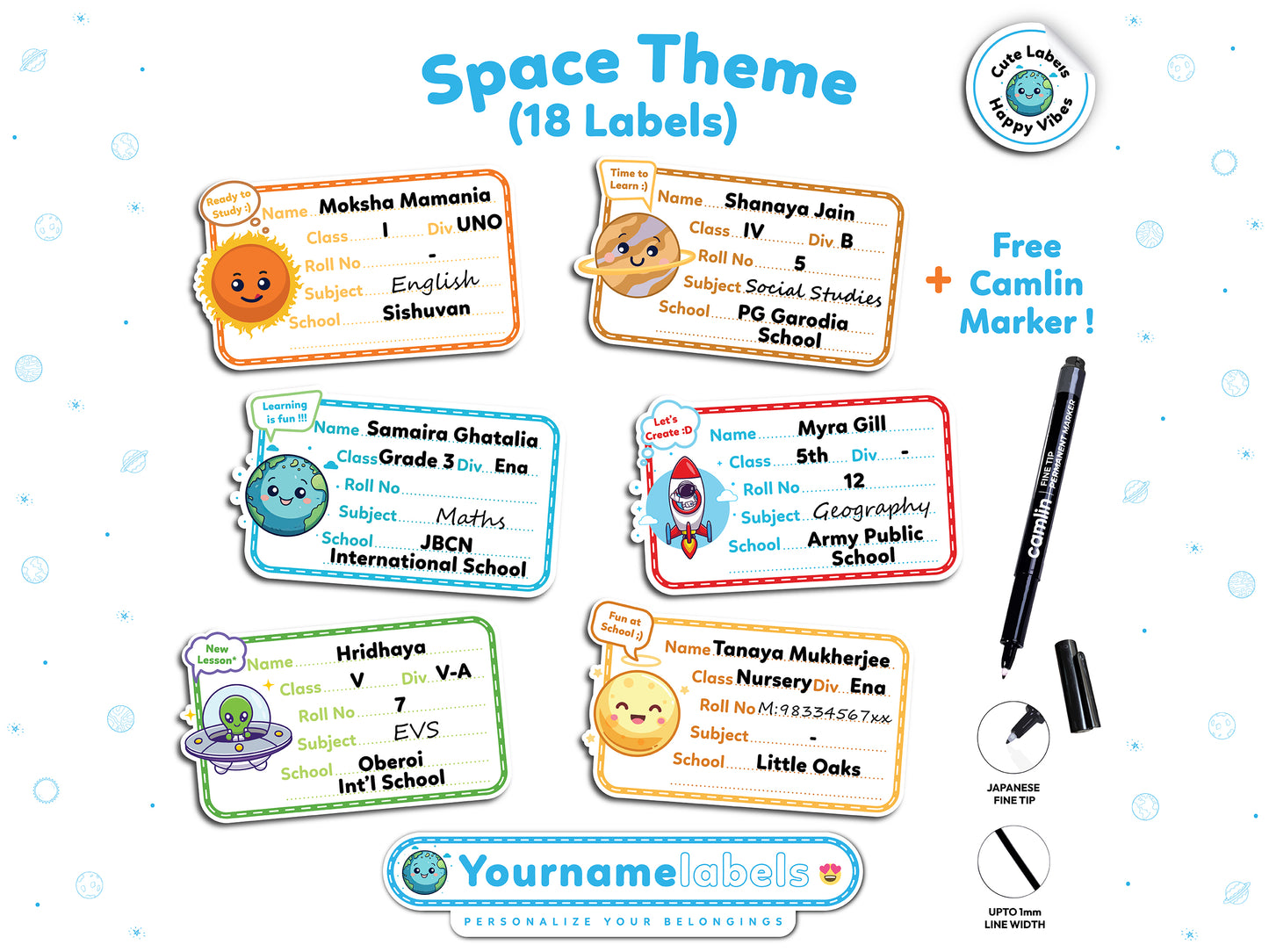 Personalized School Name Labels | Waterproof Designs (18 Pcs, Marker Included)