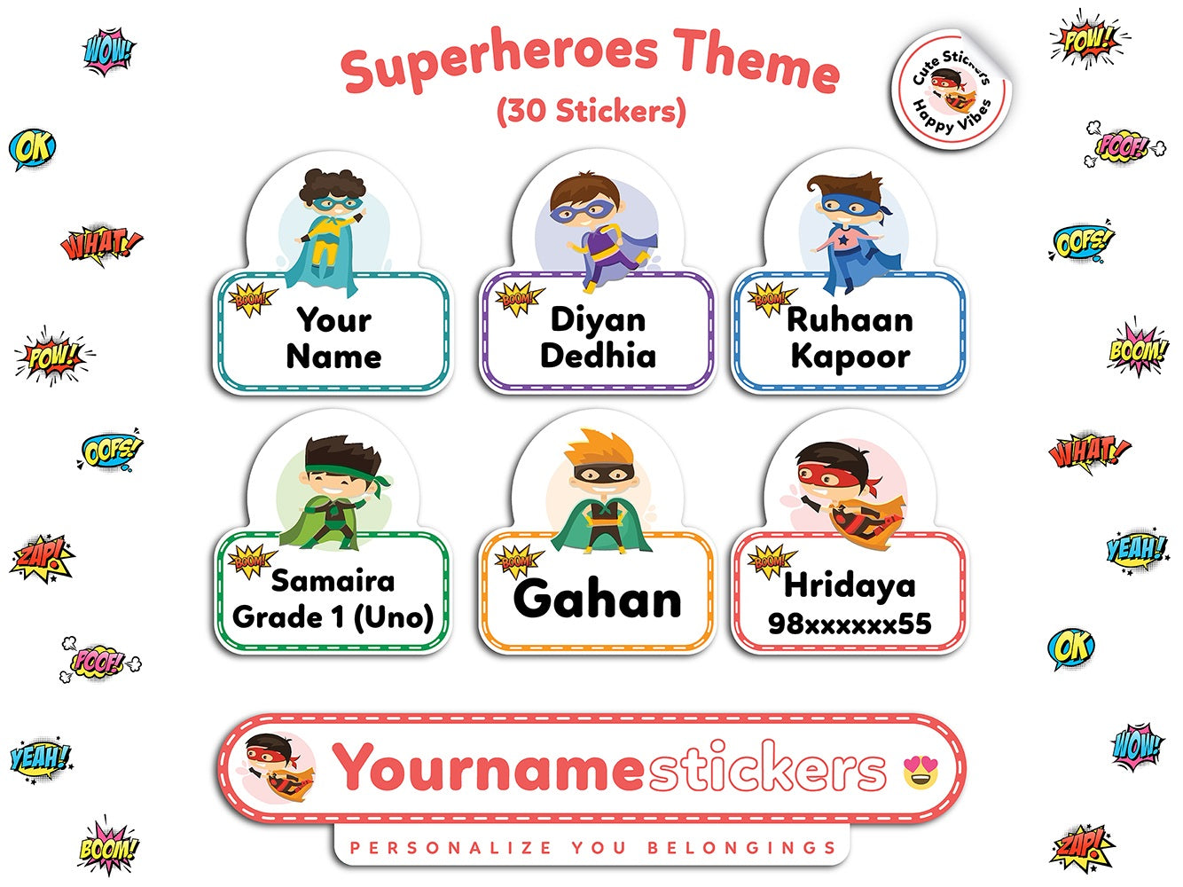 Personalized Name Stickers | 30 Waterproof Labels for Kids | 3 different sizes (S, M, L)