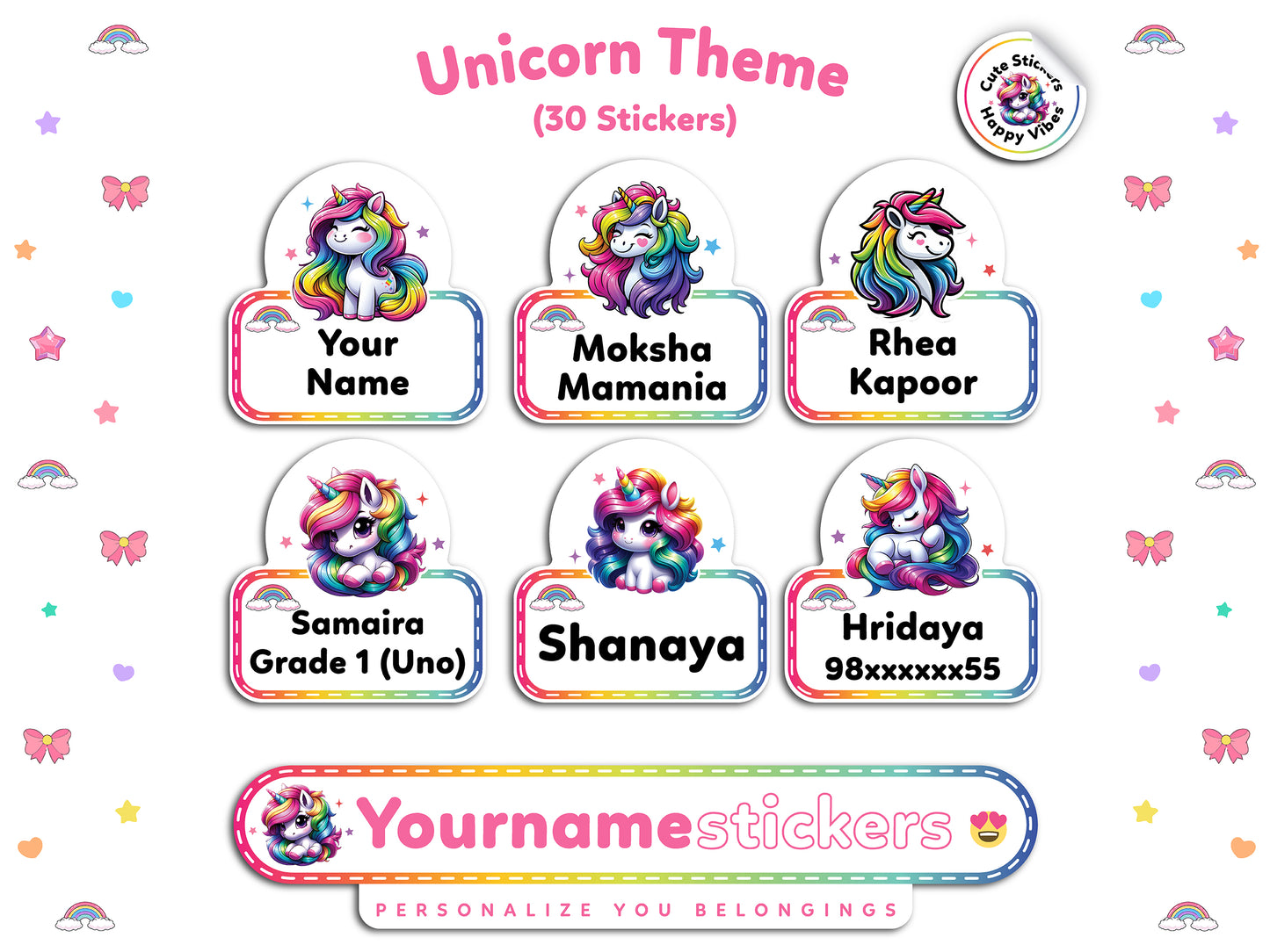 Personalized Name Stickers | 30 Waterproof Labels for Kids | 3 different sizes (S, M, L)