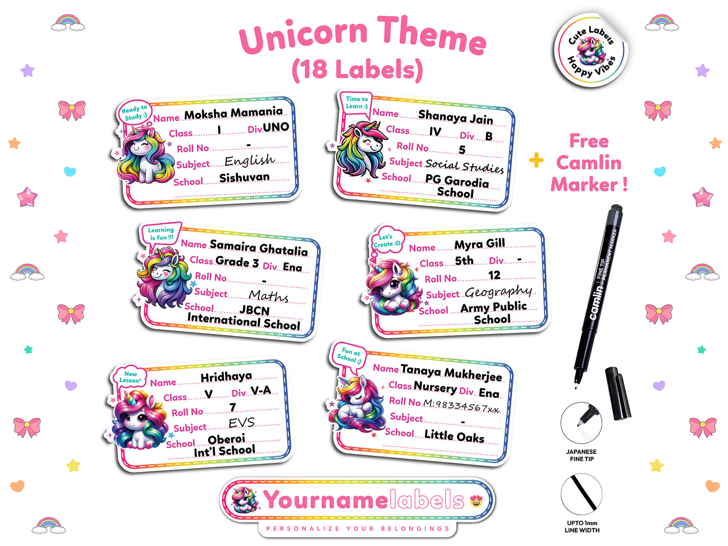 Personalized School Name Labels | Waterproof Designs (18 Pcs, Marker Included)