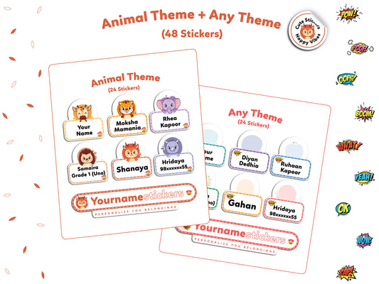 Personalize Name Stickers | 48 Waterproof Labels for Kids | 3 different sizes (S, M, L)